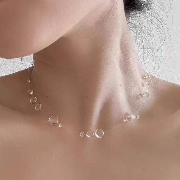 Dew Drop Necklace and Earrings Set - Elegant Clear Water Drop Choker & Lariat - Picture 4 of 7